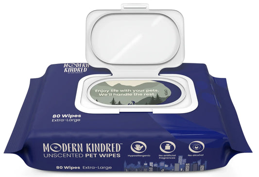Modern Kindred pet wipes with lid open and sticker visible
