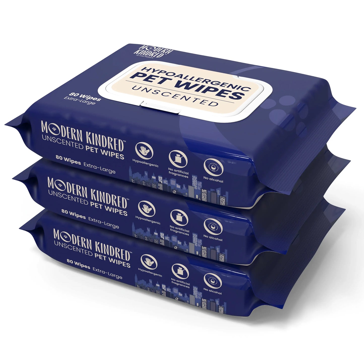Four packs of Modern Kindred hypoallergenic pet wipes on a white background