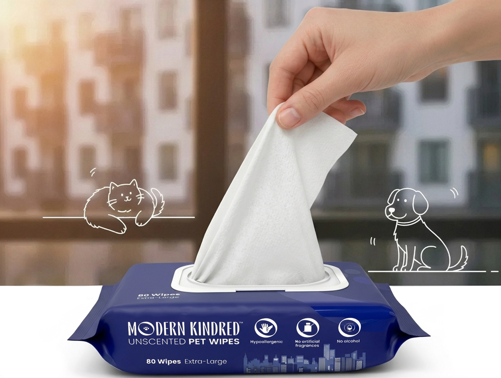 Hand pulling a Modern Kindred Hypoallergenic Unscented Pet Wipe from pack, extra large bamboo pet wipe