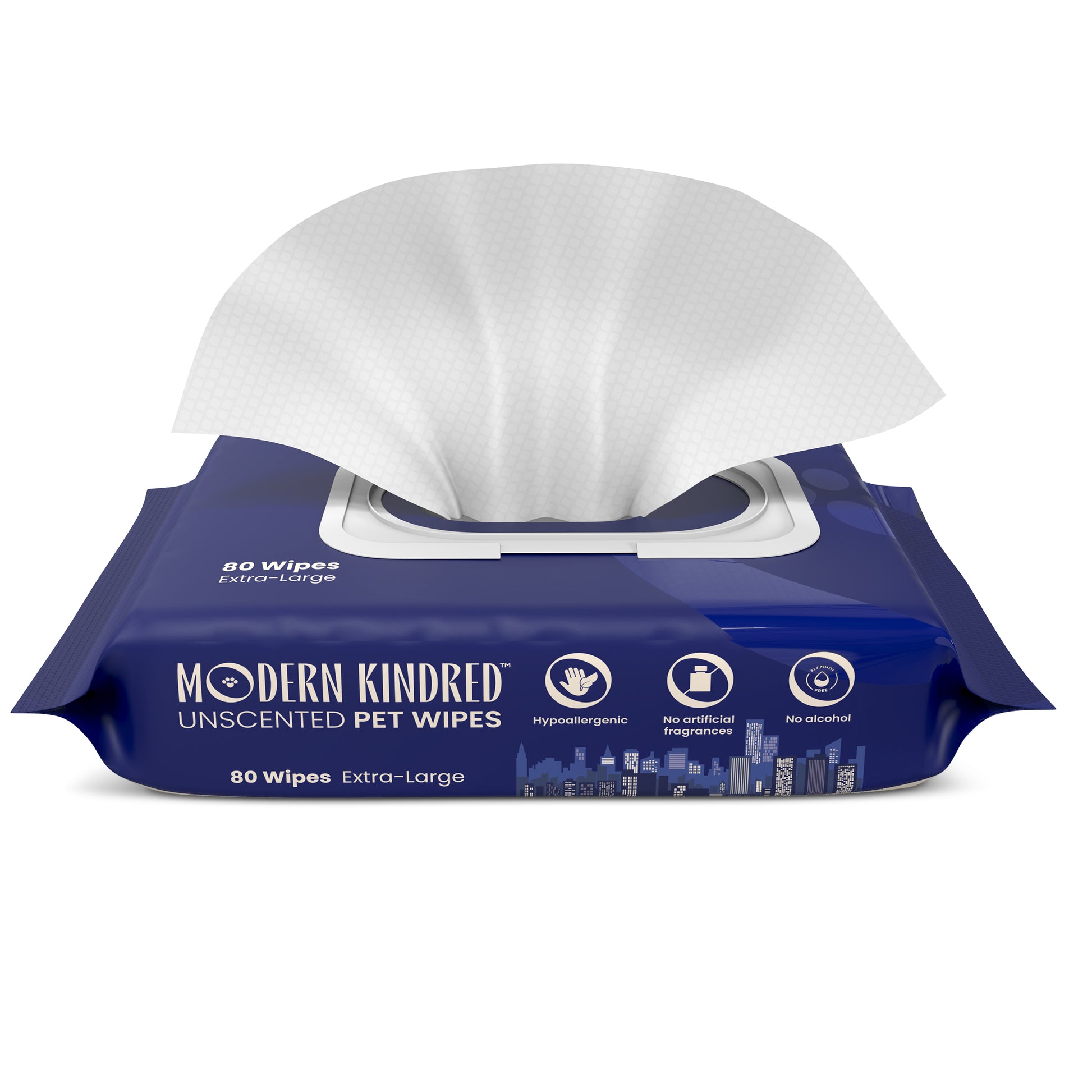 Modern Kindred pet wipes packaging with a tissue peeking out on a white background