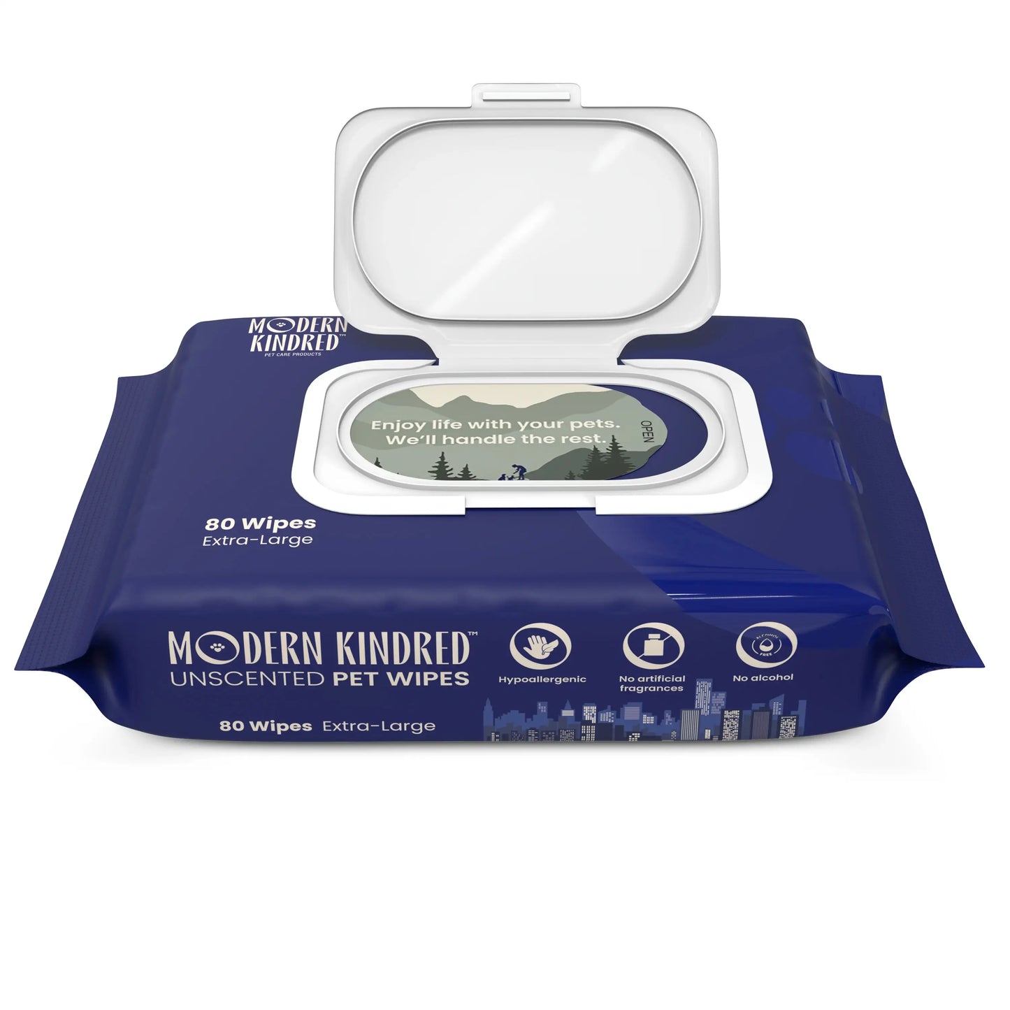 Open package of Modern Kindred pet wipes on a white background
