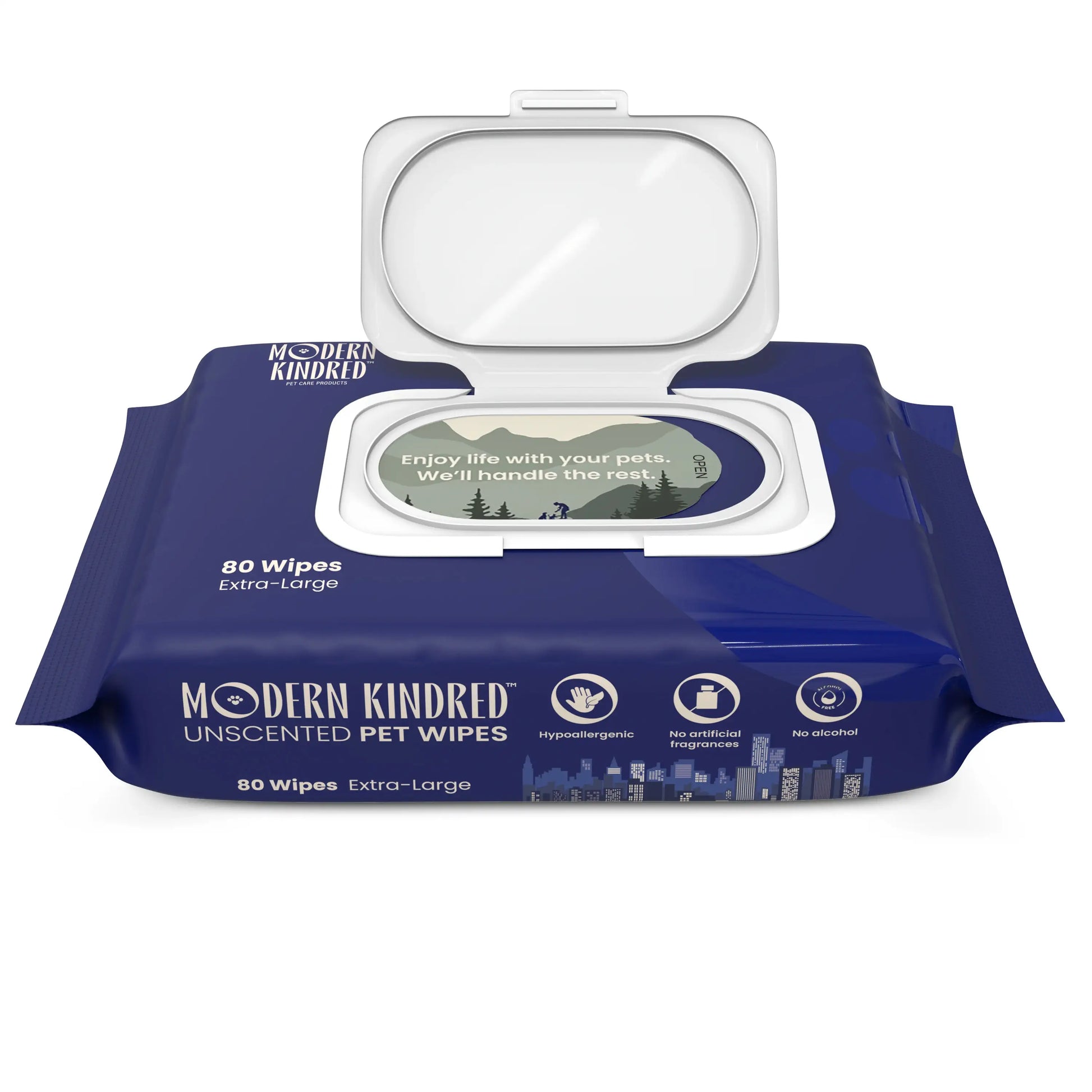 Open package of Modern Kindred pet wipes on a white background