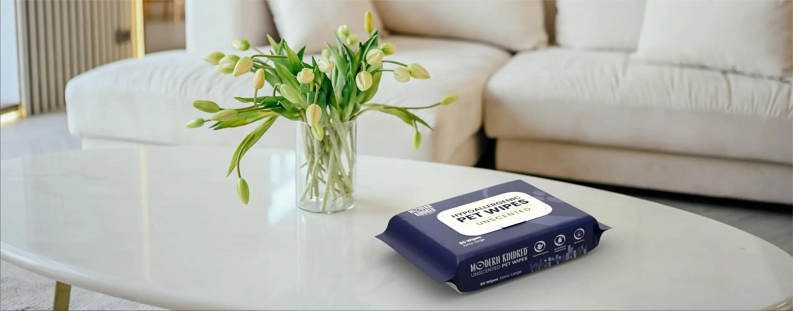 Pack of wipes on a coffee table with flowers in the background