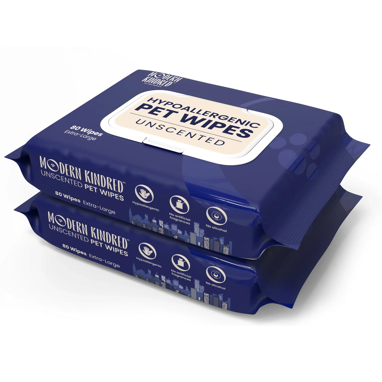 Two packs of Modern Kindred hypoallergenic pet wipes on a white background